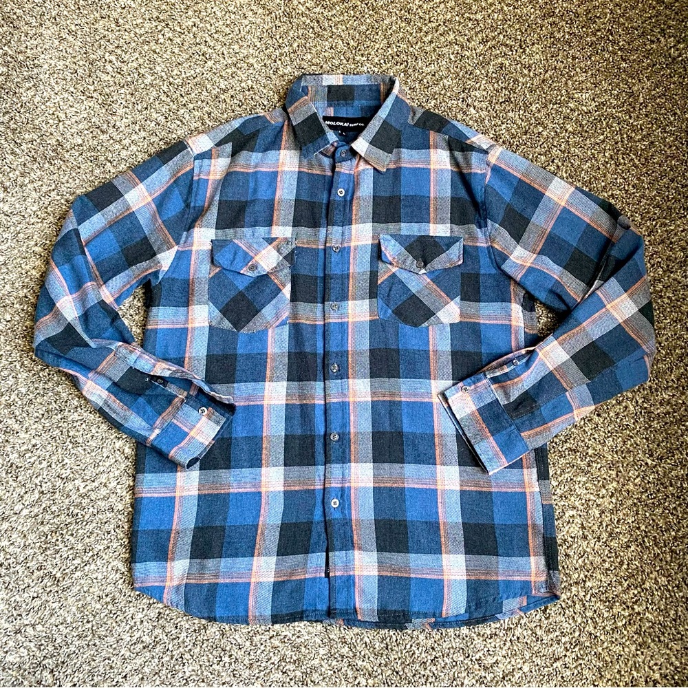 Mens Flannel Large Molokai Blue Long Sleeve Button Shirt